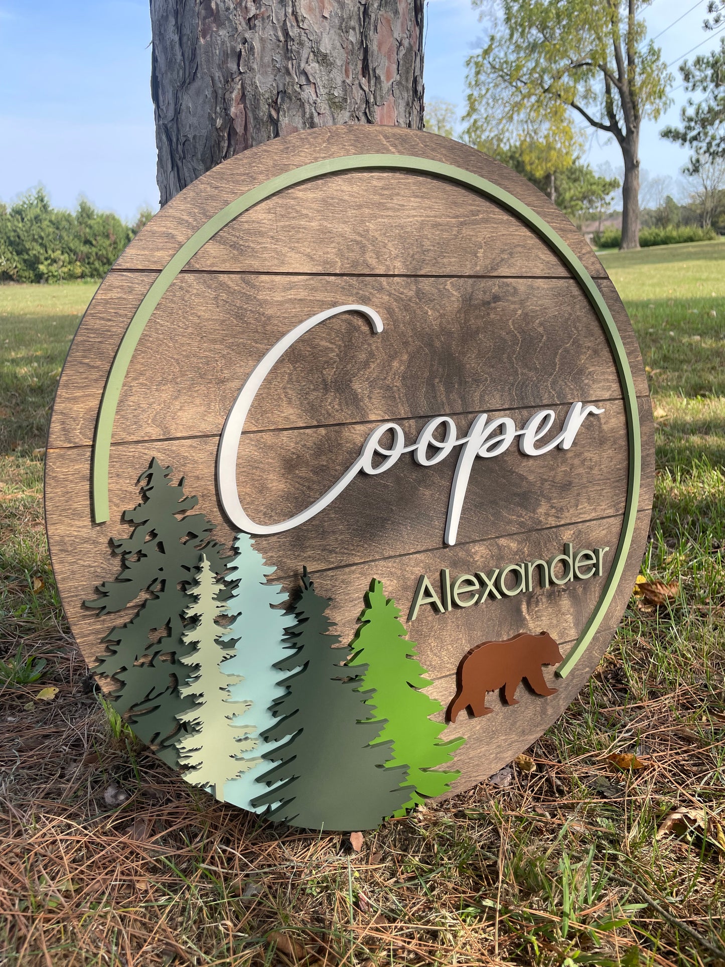 24" XL Custom Wooden Nursery Sign with Forest and Bear Design | Personalized Name Sign