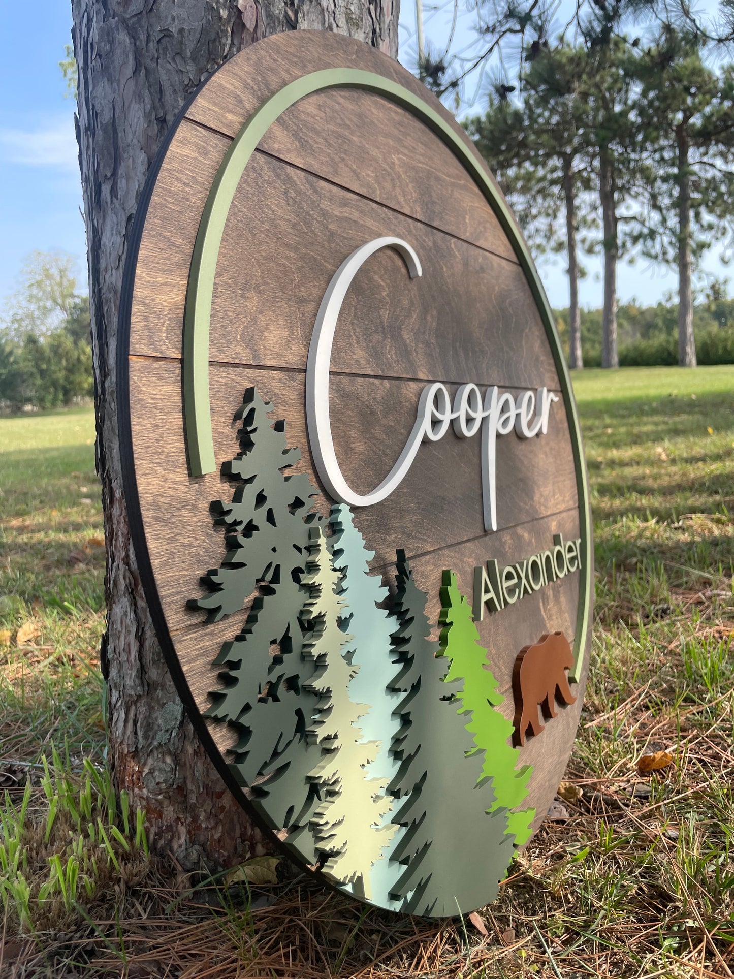 24" XL Custom Wooden Nursery Sign with Forest and Bear Design | Personalized Name Sign