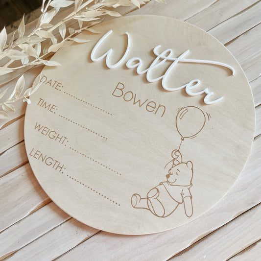 Custom baby arrival announcement sign - Pooh Bear